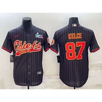 Men's Kansas City Chiefs #87 Travis Kelce Black With Super Bowl LVII Patch Cool Base Stitched Baseball Jersey Men's Kansas City Chiefs #87 Travis Kelce Black With Super Bowl LVII Patch Cool Base Stitched Baseball Jersey