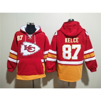 Men's Kansas City Chiefs #87 Travis Kelce Red Lace-Up Pullover Hoodie Men's Kansas City Chiefs #87 Travis Kelce Red Lace-Up Pullover Hoodie