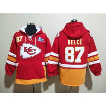 Men's Kansas City Chiefs #87 Travis Kelce Red Super Bowl Lace-Up Pullover Hoodie Men's Kansas City Chiefs #87 Travis Kelce Red Super Bowl Lace-Up Pullover Hoodie