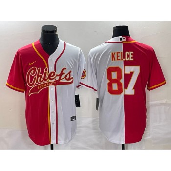 Men's Kansas City Chiefs #87 Travis Kelce Red White Split Cool Base Stitched Baseball Jersey Men's Kansas City Chiefs #87 Travis Kelce Red White Split Cool Base Stitched Baseball Jersey