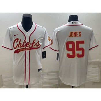 Men's Kansas City Chiefs #95 Chris Jones White With Patch Cool Base Stitched Baseball Jersey Men's Kansas City Chiefs #95 Chris Jones White With Patch Cool Base Stitched Baseball Jersey