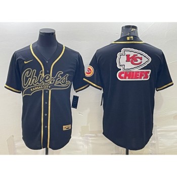 Men's Kansas City Chiefs Black Gold Team Big Logo With Patch Cool Base Stitched Baseball Jersey Men's Kansas City Chiefs Black Gold Team Big Logo With Patch Cool Base Stitched Baseball Jersey