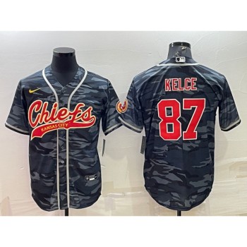 Men's Kansas City Chiefs Blank #87 Travis Kelce Grey/Navy Camo With Patch Cool Base Stitched Baseball Jersey Men's Kansas City Chiefs Blank #87 Travis Kelce Grey/Navy Camo With Patch Cool Base Stitched Baseball Jersey