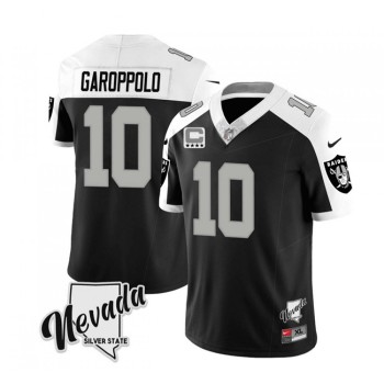 Men's Las Vegas Raiders #10 Jimmy Garoppolo Black/White 2023 F.U.S.E Nevada Silver Stat With 4-Star C patch Stitched Football Jersey Men's Las Vegas Raiders #10 Jimmy Garoppolo Black/White 2023 F.U.S.E Nevada Silver Stat With 4-Star C patch Stitched Football Jersey