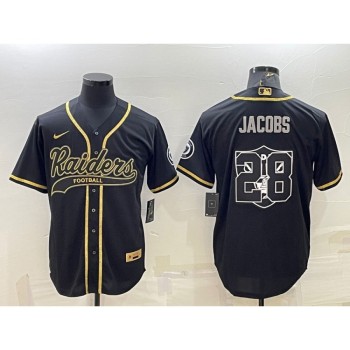 Men's Las Vegas Raiders #28 Josh Jacobs Black Gold Team Big Logo With Patch Cool Base Stitched Baseball Jersey Men's Las Vegas Raiders #28 Josh Jacobs Black Gold Team Big Logo With Patch Cool Base Stitched Baseball Jersey