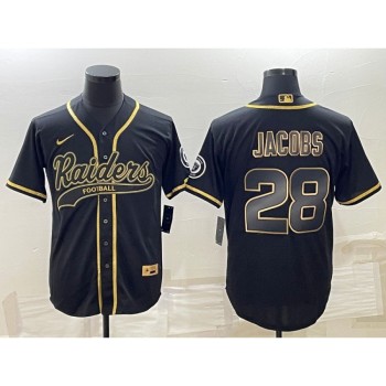 Men's Las Vegas Raiders #28 Josh Jacobs Black Gold With Patch Cool Base Stitched Baseball Jersey Men's Las Vegas Raiders #28 Josh Jacobs Black Gold With Patch Cool Base Stitched Baseball Jersey