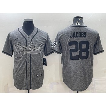 Men's Las Vegas Raiders #28 Josh Jacobs Grey With Patch Cool Base Stitched Baseball Jersey Men's Las Vegas Raiders #28 Josh Jacobs Grey With Patch Cool Base Stitched Baseball Jersey