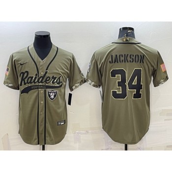 Men's Las Vegas Raiders #34 Bo Jackson 2022 Olive Salute to Service Cool Base Stitched Baseball Jersey Men's Las Vegas Raiders #34 Bo Jackson 2022 Olive Salute to Service Cool Base Stitched Baseball Jersey