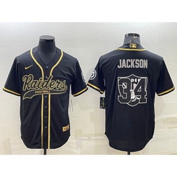 Men's Las Vegas Raiders #34 Bo Jackson Black Gold Team Big Logo With Patch Cool Base Stitched Baseball Jersey Men's Las Vegas Raiders #34 Bo Jackson Black Gold Team Big Logo With Patch Cool Base Stitched Baseball Jersey