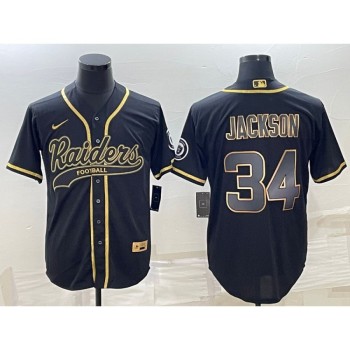 Men's Las Vegas Raiders #34 Bo Jackson Black Gold With Patch Cool Base Stitched Baseball Jersey Men's Las Vegas Raiders #34 Bo Jackson Black Gold With Patch Cool Base Stitched Baseball Jersey