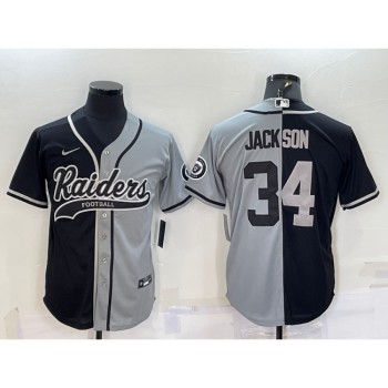Men's Las Vegas Raiders #34 Bo Jackson Black/Grey Split With Patch Cool Base Stitched Baseball Jersey Men's Las Vegas Raiders #34 Bo Jackson Black/Grey Split With Patch Cool Base Stitched Baseball Jersey