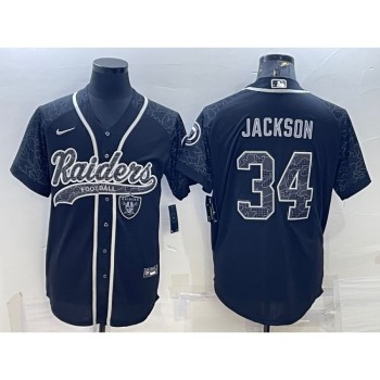 Men's Las Vegas Raiders #34 Bo Jackson Black Reflective With Patch Cool Base Stitched Baseball Jersey Men's Las Vegas Raiders #34 Bo Jackson Black Reflective With Patch Cool Base Stitched Baseball Jersey
