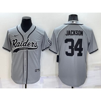 Men's Las Vegas Raiders #34 Bo Jackson Grey Cool Base Stitched Baseball Jersey Men's Las Vegas Raiders #34 Bo Jackson Grey Cool Base Stitched Baseball Jersey
