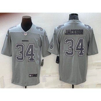 Men's Las Vegas Raiders #34 Bo Jackson Grey With Patch Atmosphere Fashion Stitched Jersey Men's Las Vegas Raiders #34 Bo Jackson Grey With Patch Atmosphere Fashion Stitched Jersey