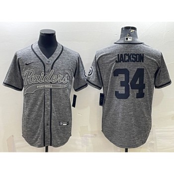 Men's Las Vegas Raiders #34 Bo Jackson Grey With Patch Cool Base Stitched Baseball Jersey Men's Las Vegas Raiders #34 Bo Jackson Grey With Patch Cool Base Stitched Baseball Jersey