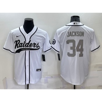 Men's Las Vegas Raiders #34 Bo Jackson White Grey Cool Base Stitched Baseball Jersey Men's Las Vegas Raiders #34 Bo Jackson White Grey Cool Base Stitched Baseball Jersey