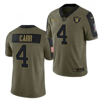 Men's Las Vegas Raiders #4 Derek Carr 2021 Olive Salute To Service Limited Stitched Jersey Men's Las Vegas Raiders #4 Derek Carr 2021 Olive Salute To Service Limited Stitched Jersey
