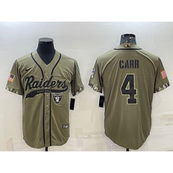 Men's Las Vegas Raiders #4 Derek Carr 2022 Olive Salute to Service Cool Base Stitched Baseball Jersey Men's Las Vegas Raiders #4 Derek Carr 2022 Olive Salute to Service Cool Base Stitched Baseball Jersey