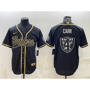 Men's Las Vegas Raiders #4 Derek Carr Black Gold Team Big Logo With Patch Cool Base Stitched Baseball Jersey Men's Las Vegas Raiders #4 Derek Carr Black Gold Team Big Logo With Patch Cool Base Stitched Baseball Jersey