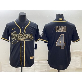 Men's Las Vegas Raiders #4 Derek Carr Black Gold With Patch Cool Base Stitched Baseball Jersey Men's Las Vegas Raiders #4 Derek Carr Black Gold With Patch Cool Base Stitched Baseball Jersey