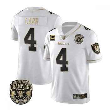 Men's Las Vegas Raiders #4 Derek Carr White Gold With Champions Patch & C Patch Limited Stitched Jersey Men's Las Vegas Raiders #4 Derek Carr White Gold With Champions Patch & C Patch Limited Stitched Jersey