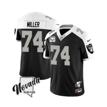 Men's Las Vegas Raiders #74 Kolton Miller Black/White 2023 F.U.S.E Nevada Silver Stat With 1-Star C patch Stitched Football Jersey Men's Las Vegas Raiders #74 Kolton Miller Black/White 2023 F.U.S.E Nevada Silver Stat With 1-Star C patch Stitched Football Jersey