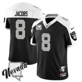 Men's Las Vegas Raiders #8 Josh Jacobs Black/White 2023 F.U.S.E Nevada Silver Stat With 3-Star C patch Stitched Football Jersey Men's Las Vegas Raiders #8 Josh Jacobs Black/White 2023 F.U.S.E Nevada Silver Stat With 3-Star C patch Stitched Football Jersey