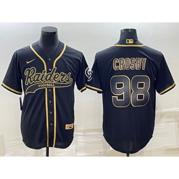 Men's Las Vegas Raiders #98 Maxx Crosby Black Gold With Patch Cool Base Stitched Baseball Jersey Men's Las Vegas Raiders #98 Maxx Crosby Black Gold With Patch Cool Base Stitched Baseball Jersey