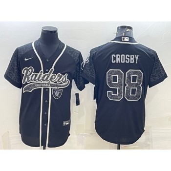 Men's Las Vegas Raiders #98 Maxx Crosby Black Reflective With Patch Cool Base Stitched Baseball Jersey Men's Las Vegas Raiders #98 Maxx Crosby Black Reflective With Patch Cool Base Stitched Baseball Jersey