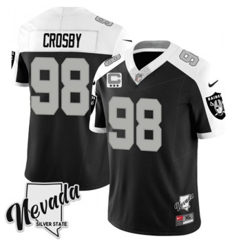 Men's Las Vegas Raiders #98 Maxx Crosby Black/White 2023 F.U.S.E Nevada Silver Stat With 3-Star C patch Stitched Football Jersey Men's Las Vegas Raiders #98 Maxx Crosby Black/White 2023 F.U.S.E Nevada Silver Stat With 3-Star C patch Stitched Football Jersey