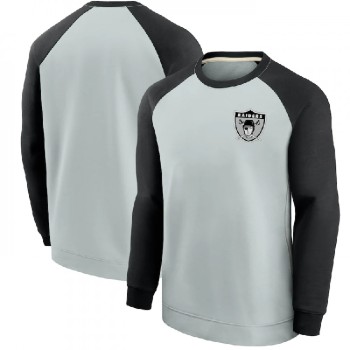Men's Las Vegas Raiders Black/Grey Historic Raglan Crew Performance Sweater Men's Las Vegas Raiders Black/Grey Historic Raglan Crew Performance Sweater