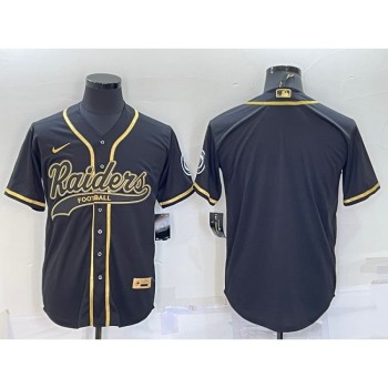 Men's Las Vegas Raiders Blank Black Gold With Patch Cool Base Stitched Baseball Jersey Men's Las Vegas Raiders Blank Black Gold With Patch Cool Base Stitched Baseball Jersey