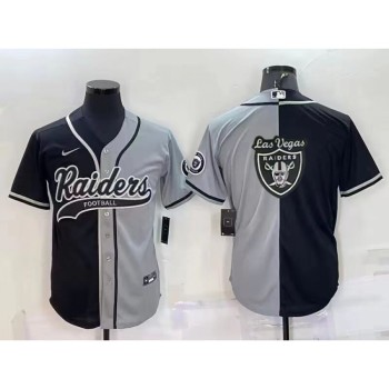Men's Las Vegas Raiders Blank Black/Grey Split Team Big Logo With Patch Cool Base Stitched Baseball Jersey Men's Las Vegas Raiders Blank Black/Grey Split Team Big Logo With Patch Cool Base Stitched Baseball Jersey
