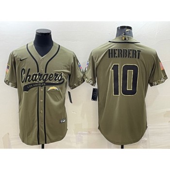 Men's Los Angeles Chargers #10 Justin Herbert Olive 2022 Salute to Service Cool Base Stitched Baseball Jersey Men's Los Angeles Chargers #10 Justin Herbert Olive 2022 Salute to Service Cool Base Stitched Baseball Jersey
