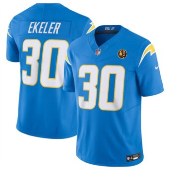 Men's Los Angeles Chargers #30 Austin Ekeler Light Blue 2023 F.U.S.E. With John Madden Patch Vapor Limited Stitched Football Jersey Men's Los Angeles Chargers #30 Austin Ekeler Light Blue 2023 F.U.S.E. With John Madden Patch Vapor Limited Stitched Football Jersey