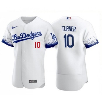 Men's Los Angeles Dodgers #10 Justin Turner 2021 White City Connect Flex Base Stitched Baseball Jersey Men's Los Angeles Dodgers #10 Justin Turner 2021 White City Connect Flex Base Stitched Baseball Jersey