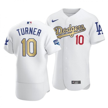 Men's Los Angeles Dodgers #10 Justin Turner 2021 White Gold World Series Champions Patch Flex Base Sttiched Jersey Men's Los Angeles Dodgers #10 Justin Turner 2021 White Gold World Series Champions Patch Flex Base Sttiched Jersey