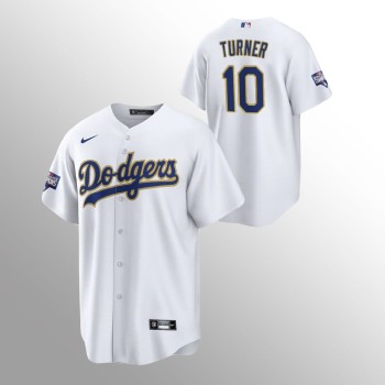 Men's Los Angeles Dodgers #10 Justin Turner White Champions Patch Gold Program Cool Base Stitched Jersey Men's Los Angeles Dodgers #10 Justin Turner White Champions Patch Gold Program Cool Base Stitched Jersey