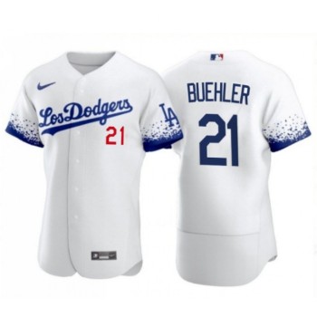 Men's Los Angeles Dodgers #21 Walker Buehler 2021 White City Connect Flex Base Stitched Baseball Jersey Men's Los Angeles Dodgers #21 Walker Buehler 2021 White City Connect Flex Base Stitched Baseball Jersey