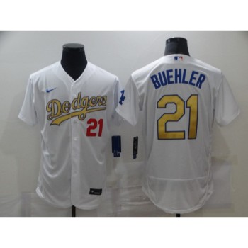 Men's Los Angeles Dodgers #21 Walker Buehler 2021 White Gold Sttiched Jersey Men's Los Angeles Dodgers #21 Walker Buehler 2021 White Gold Sttiched Jersey