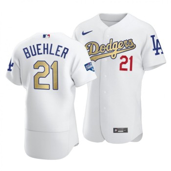 Men's Los Angeles Dodgers #21 Walker Buehler 2021 White Gold World Series Champions Patch Sttiched Jersey Men's Los Angeles Dodgers #21 Walker Buehler 2021 White Gold World Series Champions Patch Sttiched Jersey