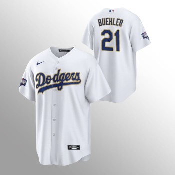Men's Los Angeles Dodgers #21 Walker Buehler White Champions Patch Gold Program Cool Base Stitched Jersey Men's Los Angeles Dodgers #21 Walker Buehler White Champions Patch Gold Program Cool Base Stitched Jersey