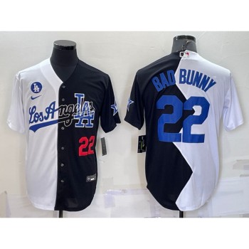 Men's Los Angeles Dodgers #22 Bad Bunny 2022 All-Star White/Black Split Cool Base Stitched Baseball Jersey Men's Los Angeles Dodgers #22 Bad Bunny 2022 All-Star White/Black Split Cool Base Stitched Baseball Jersey