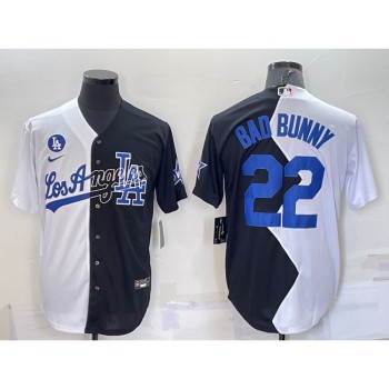 Men's Los Angeles Dodgers #22 Bad Bunny 2022 All-Star White/Black Split Cool Base Stitched Baseball Jersey Men's Los Angeles Dodgers #22 Bad Bunny 2022 All-Star White/Black Split Cool Base Stitched Baseball Jersey