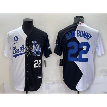 Men's Los Angeles Dodgers #22 Bad Bunny 2022 All-Star White/Black Split Cool Base Stitched Baseball Jersey Men's Los Angeles Dodgers #22 Bad Bunny 2022 All-Star White/Black Split Cool Base Stitched Baseball Jersey