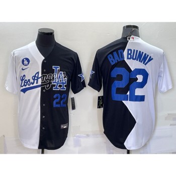 Men's Los Angeles Dodgers #22 Bad Bunny 2022 All-Star White/Black Split Cool Base Stitched Baseball Jersey Men's Los Angeles Dodgers #22 Bad Bunny 2022 All-Star White/Black Split Cool Base Stitched Baseball Jersey