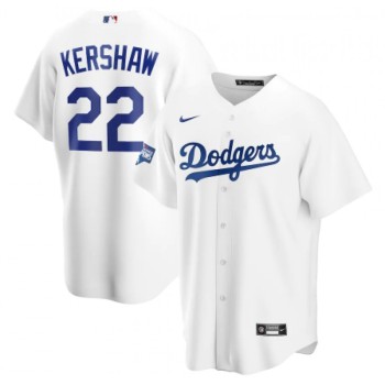 Men's Los Angeles Dodgers #22 Clayton Kershaw White 2020 World Series Champions Home Patch Cool Base Stitched Jersey