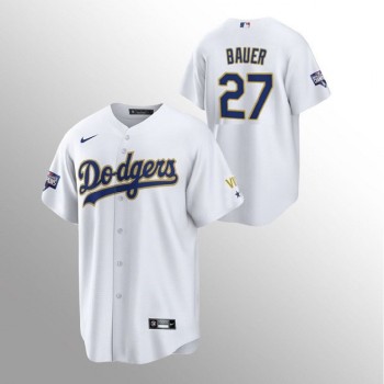 Men's Los Angeles Dodgers #27 Trevor Bauer White Gold Championship Cool Base Stitched Jersey Men's Los Angeles Dodgers #27 Trevor Bauer White Gold Championship Cool Base Stitched Jersey