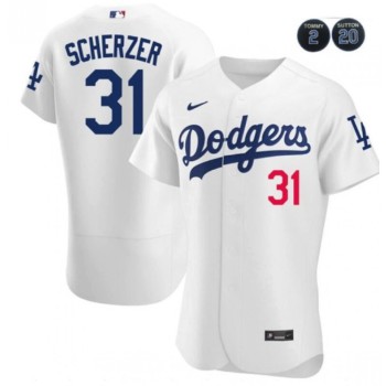 Men's Los Angeles Dodgers #31 Max Scherzer White White #2 #20 Patch Flex Base Stitched Baseball Jersey Men's Los Angeles Dodgers #31 Max Scherzer White White #2 #20 Patch Flex Base Stitched Baseball Jersey