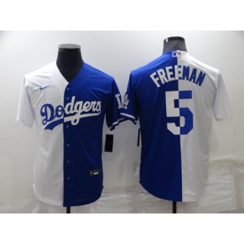 Men's Los Angeles Dodgers #5 Freddie Freeman White/Blue Split Cool Base Stitched Baseball Jersey Men's Los Angeles Dodgers #5 Freddie Freeman White/Blue Split Cool Base Stitched Baseball Jersey